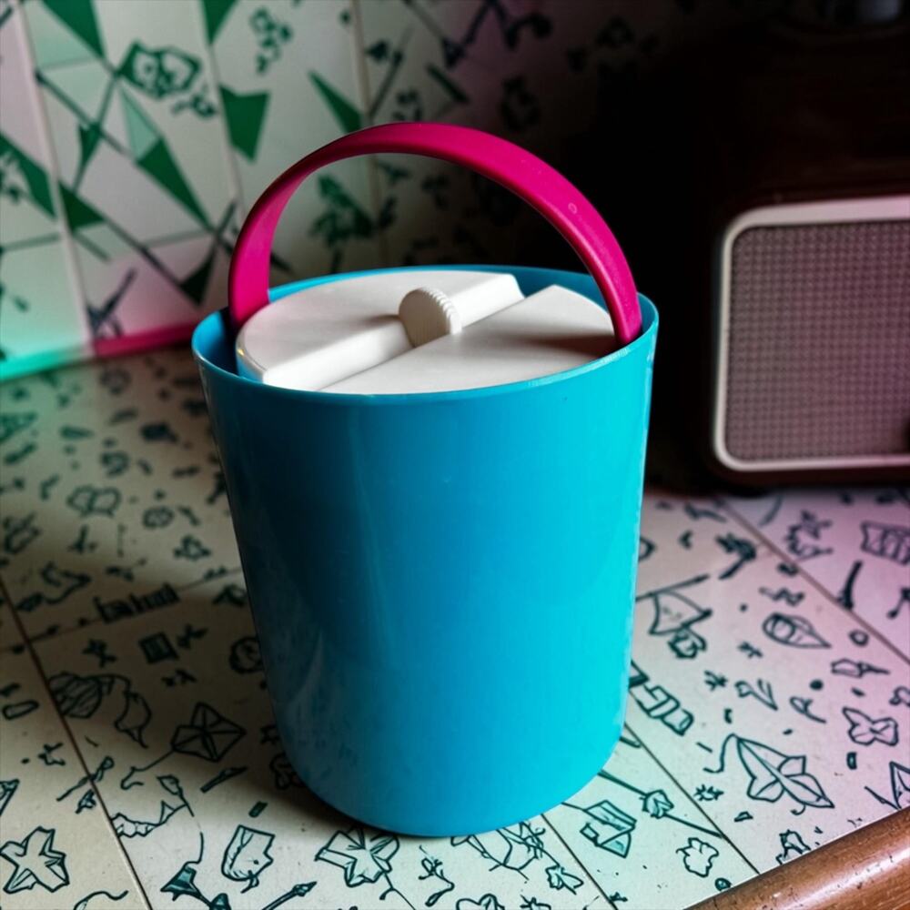 Vintage Retro Turquoise Blue Ice Bucket with Pink Handle and White Lid Insert